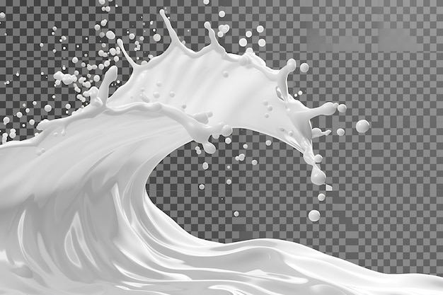 A white milk wave splash with splatters and drops presented as a cutout