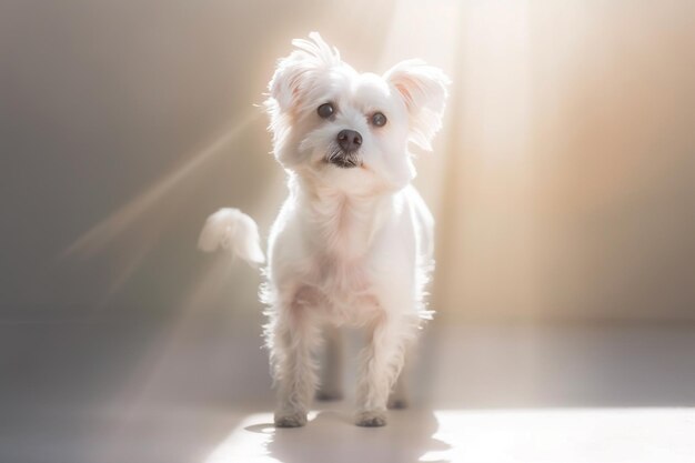 ホワイトミニチュア・シュナウザーの子犬 マルタの子犬がプロのスタジオで平和なポーズをとる