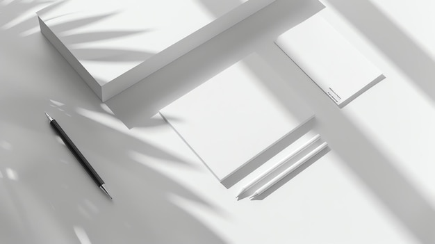 Foto scrivania bianca minima con quaderno vuoto, penna e matita. spazio di lavoro con ombre di foglie tropicali. vista superiore piatta.
