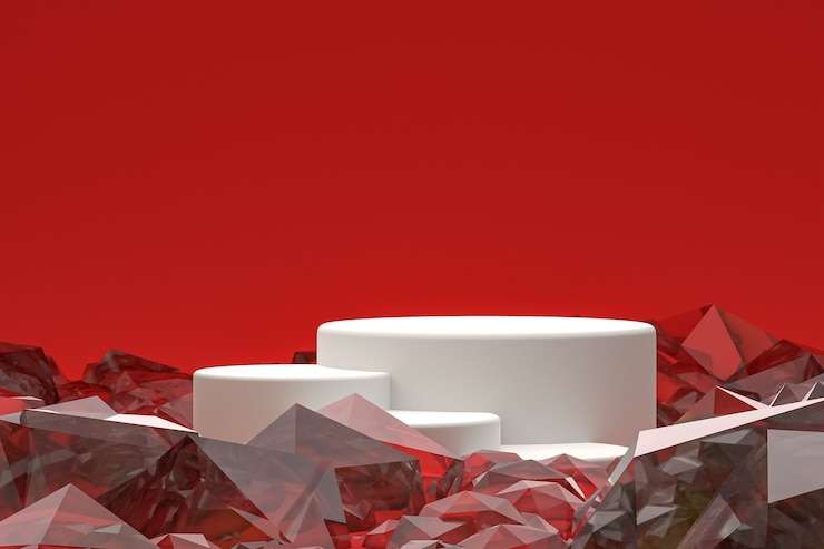 Photo white minimal podium or pedestal display on abstract red background for cosmetic product presentation