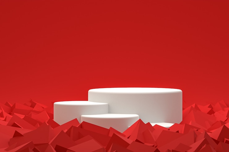 Photo white minimal podium or pedestal display on abstract red background for cosmetic product presentation