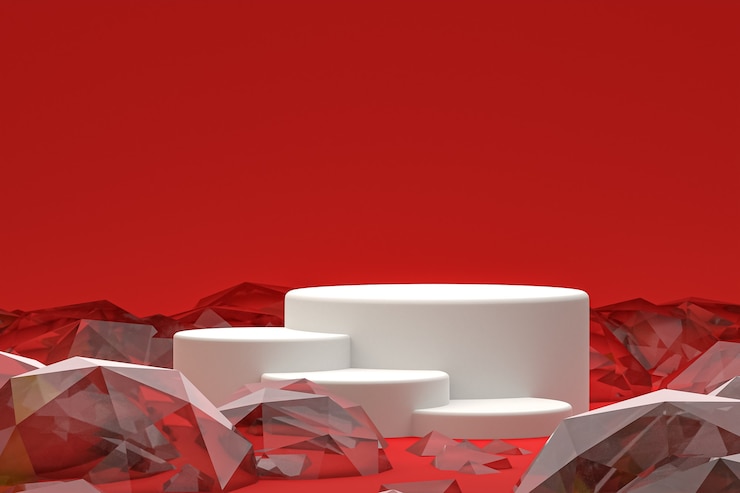 Photo white minimal podium or pedestal display on abstract red background for cosmetic product presentation