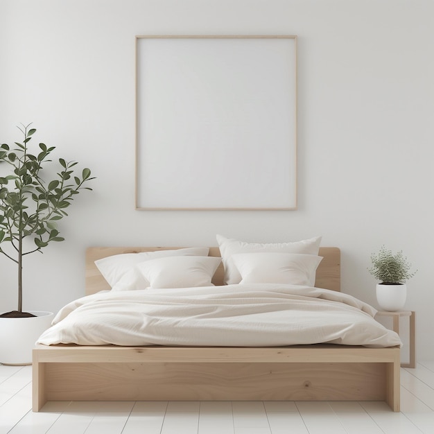 White minimalist bedroom interior with double bed on a wooden floor decor on a large wall white landscape in window Home nordic interior