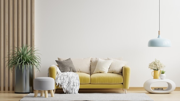 白いミニマリストのインテリアリビングルームには黄色のソファと最小限の装飾があります
