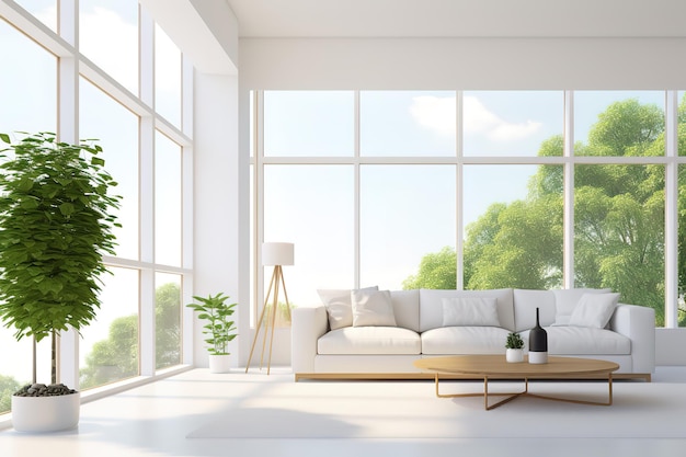 写真 ホワイトミニマリストリビングルームインテリア - 木製の床のソファー - 壁のデコレーション - 窓の白い風景 - 北欧のインテリヤ - スカンジナビアのインテリアポスター - モックアップ - ジェネレーティブai