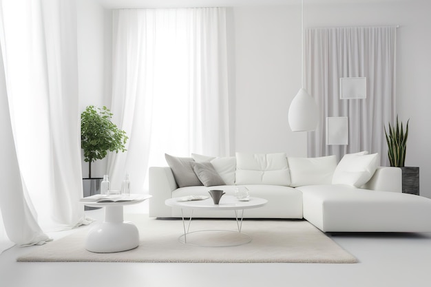 Белый минималистский интерьер гостиной с диваном на деревянном полу в стиле деко Generative AI