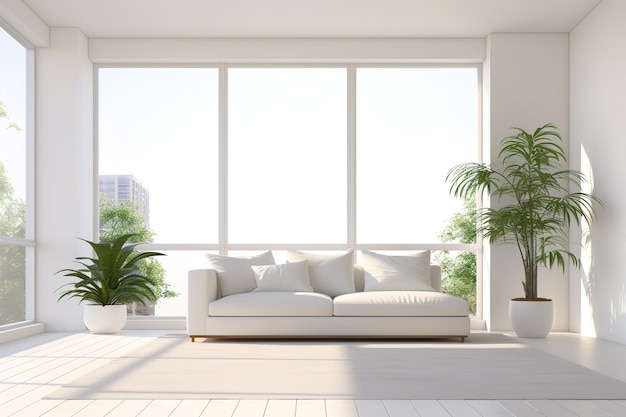 White minimalist living room interior with sofa on a wooden floor decor on a large wall white landscape in window home nordic interior scandinavian interior poster mock upgenerative ai