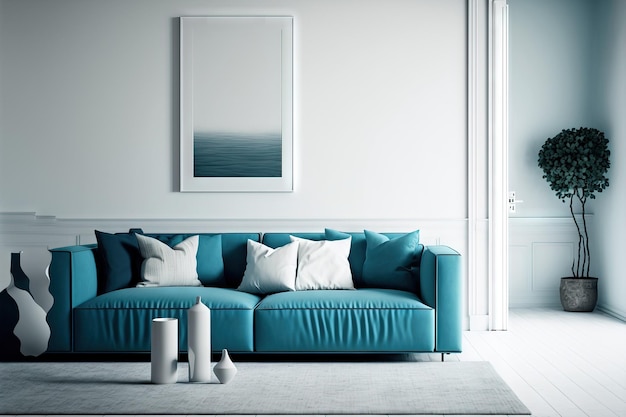 White minimalist living room with blue sofa and wicker carpet