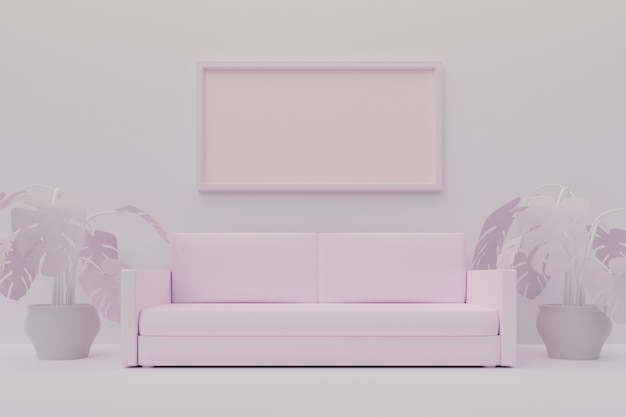 Foto soggiorno minimalista bianco con divano e grande cornice, mock up. illustrazione 3d