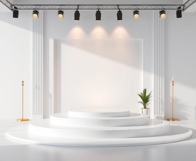 white minimalist podium with gold floor lamps and green plant