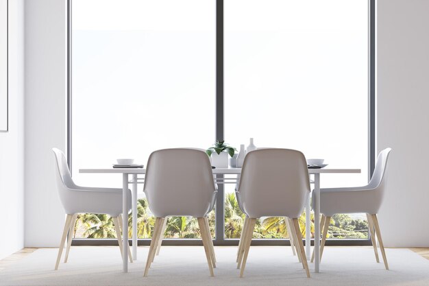 Foto interiore minimalista bianco della sala da pranzo con una grande finestra, un pavimento di cemento e un tavolo bianco con sedie. rendering 3d mock up