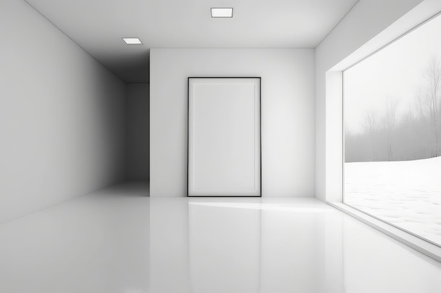 Белый минималистичный интерьер с зимним пейзажем за окном Generative AI