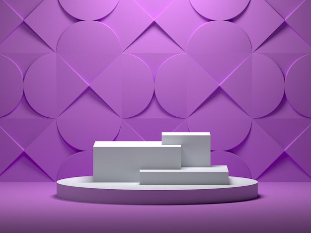 White minimalistic podiums against a purple wall with a geometric pattern template 3d render