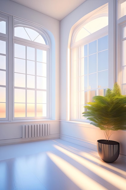 White minimalistic room with blank walls and sunlight streaming through windows