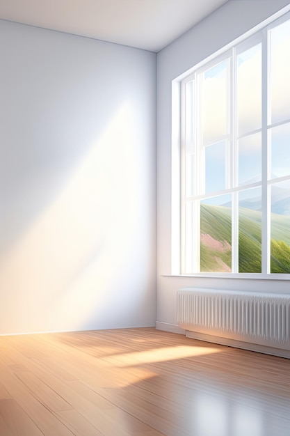 White minimalistic room with blank walls and sunlight streaming through windows