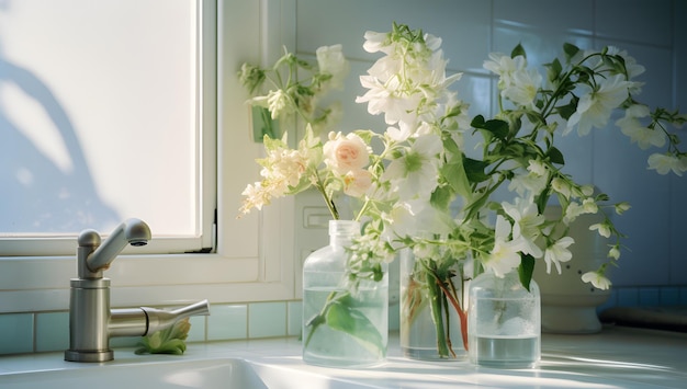 White mirror over a sink in the style of meticulous photorealistic still lifes light green