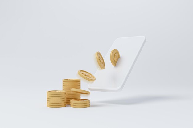 White mobile smartphone and gold coin on white background