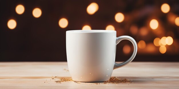 Photo a white mock up cup with chirstmas light background