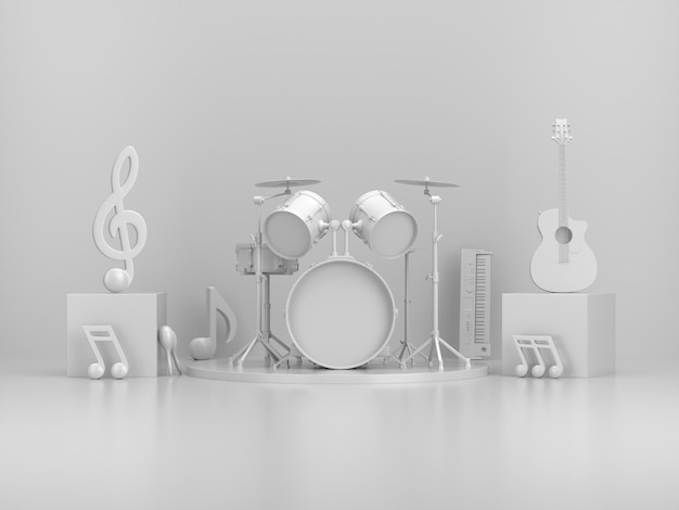 Белый макет музыкального инструмента и ноты на белом фоне