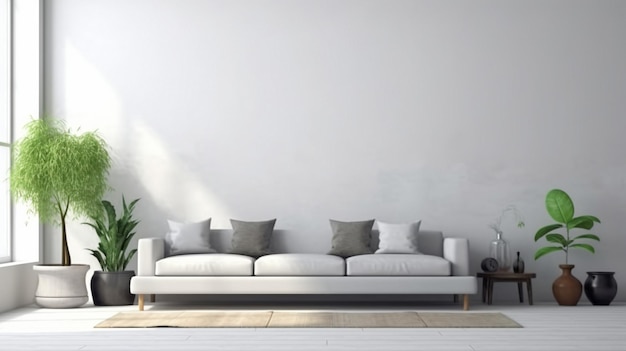 Белая макетная стена в доме в стиле лофт с диваном и другими декорендерами в 3D
