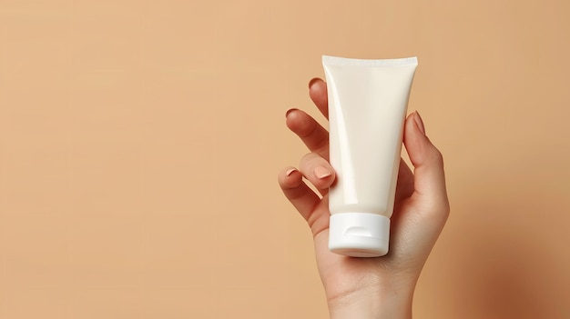 A white mockup facial cream tube is held by a womans hand on a beige backdrop space Generative AI