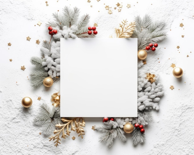 Una cornice mockup bianca con bacche rosse e un albero di natale d'oro su sfondo bianco