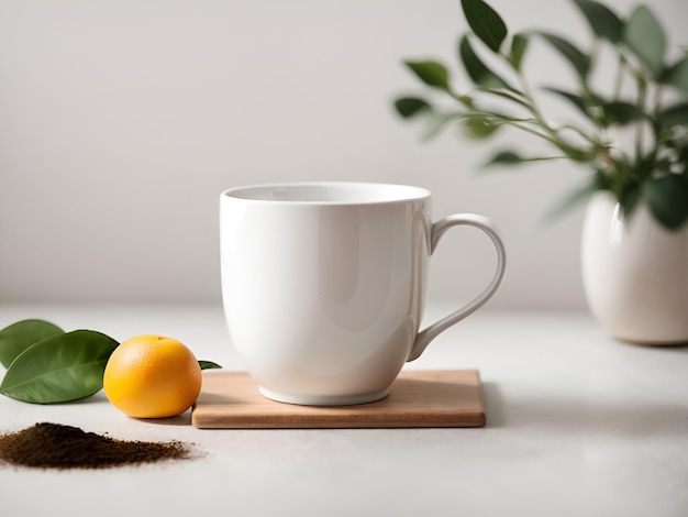 White mockup mug with copy space lemon and houseplant at the background Mug for brand logo