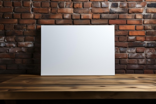 White mockup sign with copy spase on a wooden table behind a brick wall