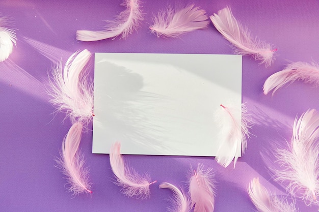 White mockup with pink feathers and shadows Happy birthday invitation anniversary festive holidays wishing concept Purple color background Place for text