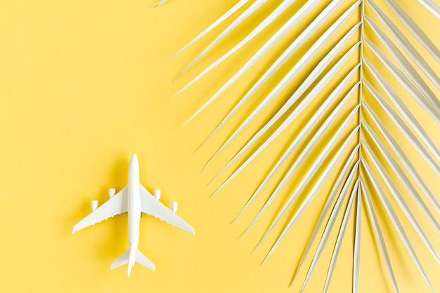 White model plane airplane and palm leaf on yellow background top view flat lay