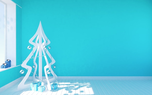 White modern christmas tree in blue empty room