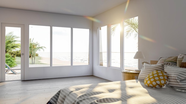 Interno bianco moderno e contemporaneo della camera da letto con ampie finestre e terrazza vista mare, rendering 3d