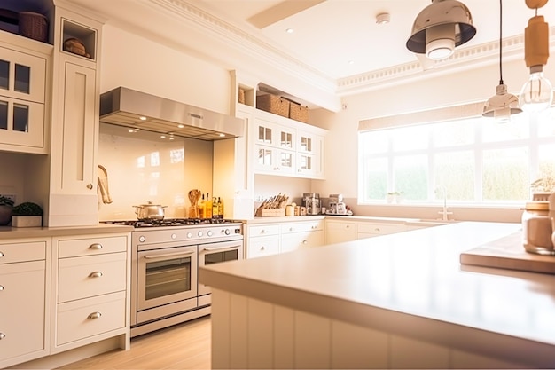 White modern countryside house framein kitchen in the English country style interior design and architecture generative ai