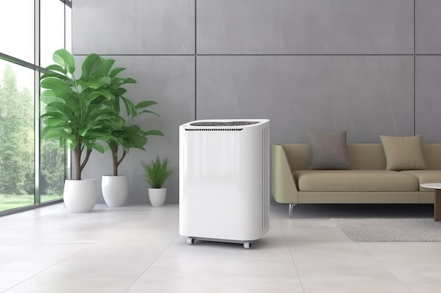 White modern design air purifier dehumidifier in beige background