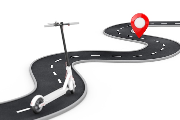 White Modern Eco Electric Kick Scooter Follow Over Winding Road to Destination Red Pin Target Pointer in the End of Road on a white background. 3d Rendering