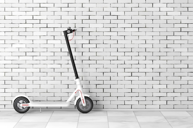 White Modern Eco Electric Kick Scooter in front of brick wall. 3d Rendering