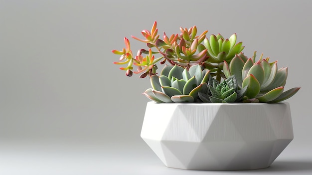 white modern geometric planter with succulents on light grey background