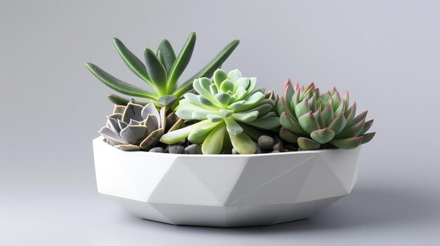 white modern geometric planter with succulents on light grey background