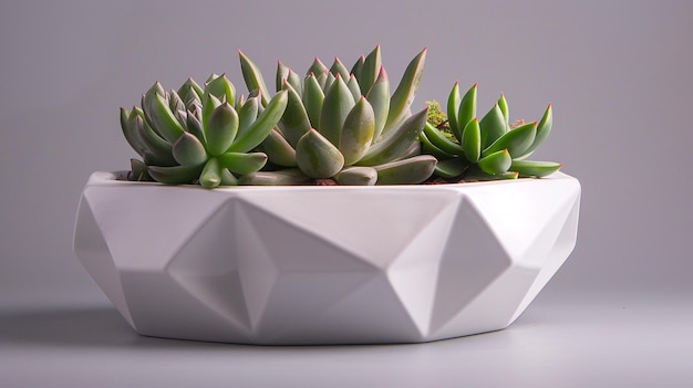 white modern geometric planter with succulents on light grey background