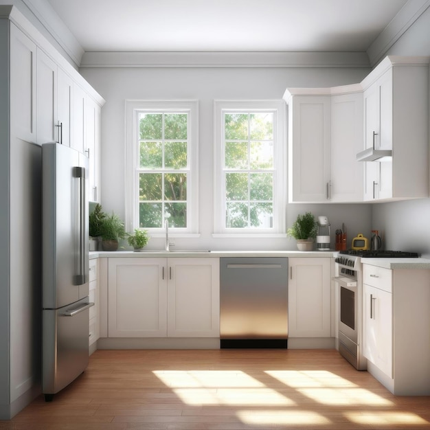 White modern kitchen in a house with a beautiful design