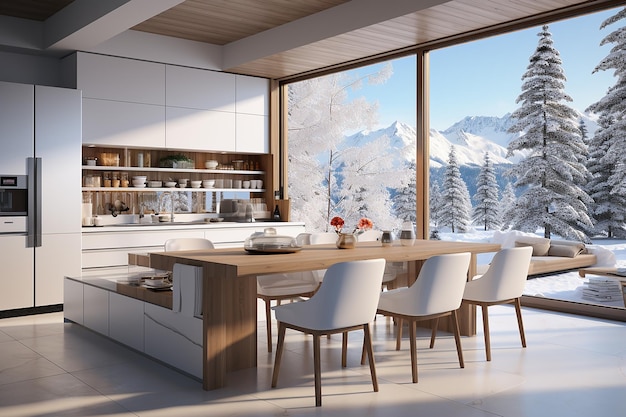 white modern kitchen in a house with a beautiful mountain view