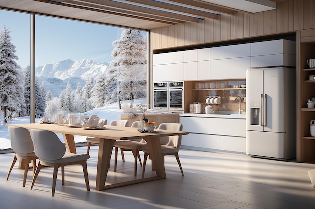 아름다운 산의 전망을 감상할 수 있는 집에 있는 흰색 현대식 주방