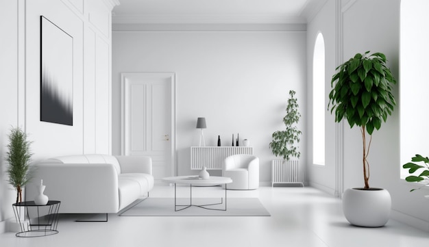 Белая современная гостиная с минимальным дизайном дома, макет Generative Ai