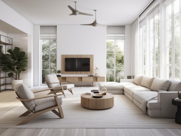 White modern living room with television and decoration Generative AI