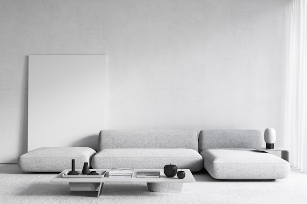 Photo white modern minimalist interior with sofa coffee table and poster