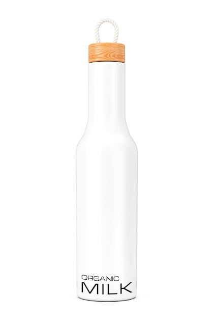 Photo white modern organik milk bottle mockup with wooden cap on a white background. 3d rendering