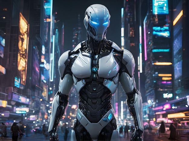 White Modern Robot Standing in The City Portrait with Pedestrians and Skyscrapers at Night Concept