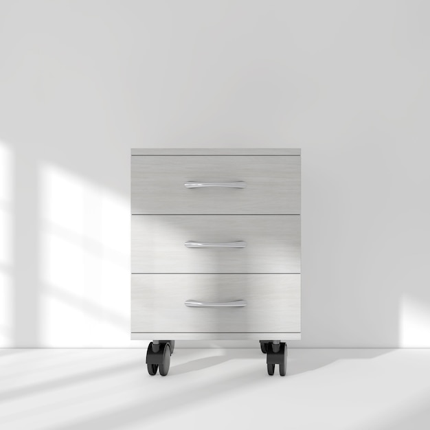 White Modern Room Bedside Table with Wheels 3d Rendering