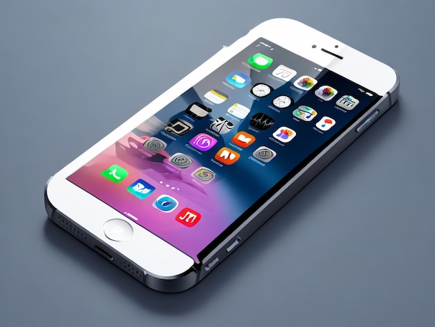 화면에 평평한 디자인 응용 프로그램 아이콘을 가진 색 현대 스마트폰은 표면에 고립되어 있습니다.