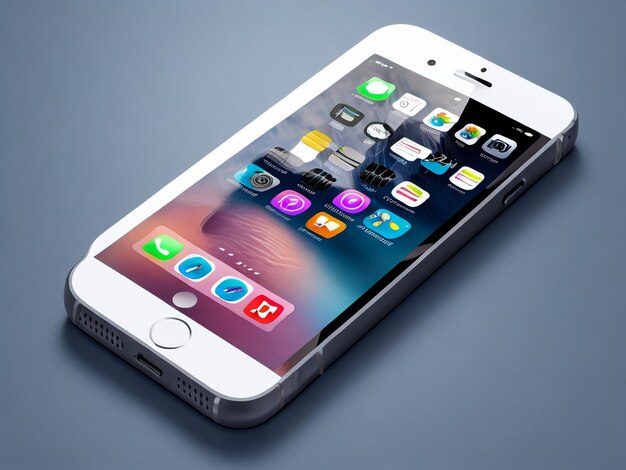 Foto smartphone moderno bianco con icone di applicazioni a disegno piatto sullo schermo si trova sulla superficie isolato